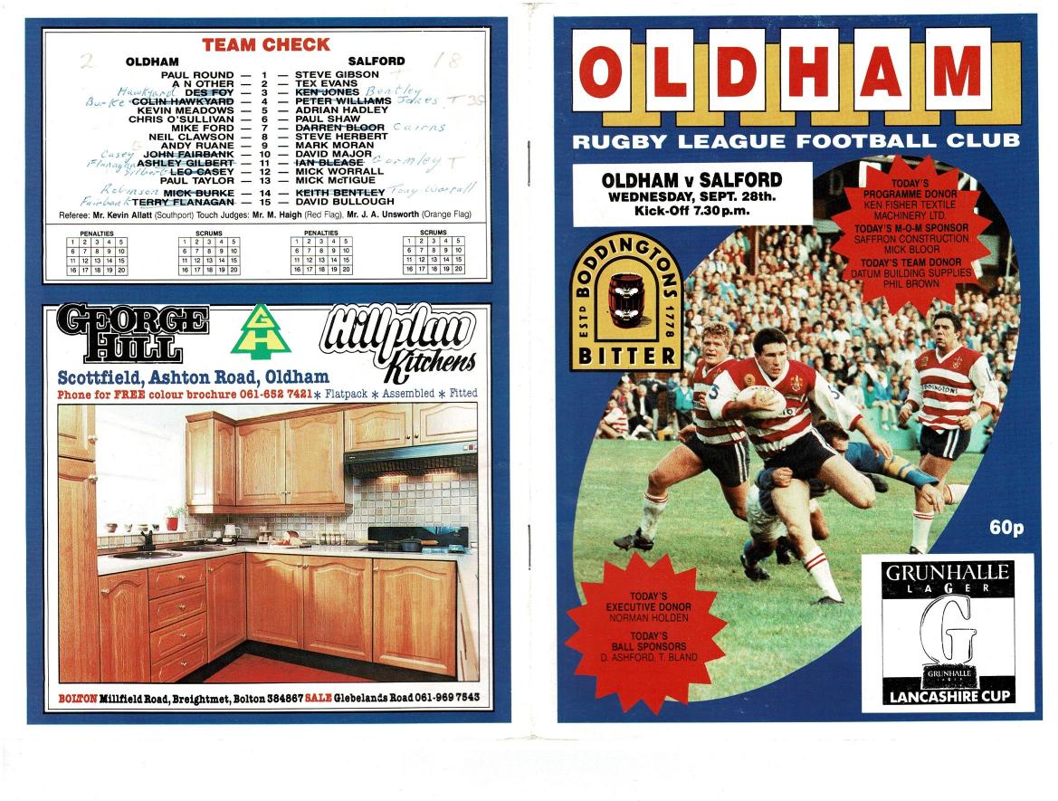 Programme cover: Oldham v Salford, 28 September 1988