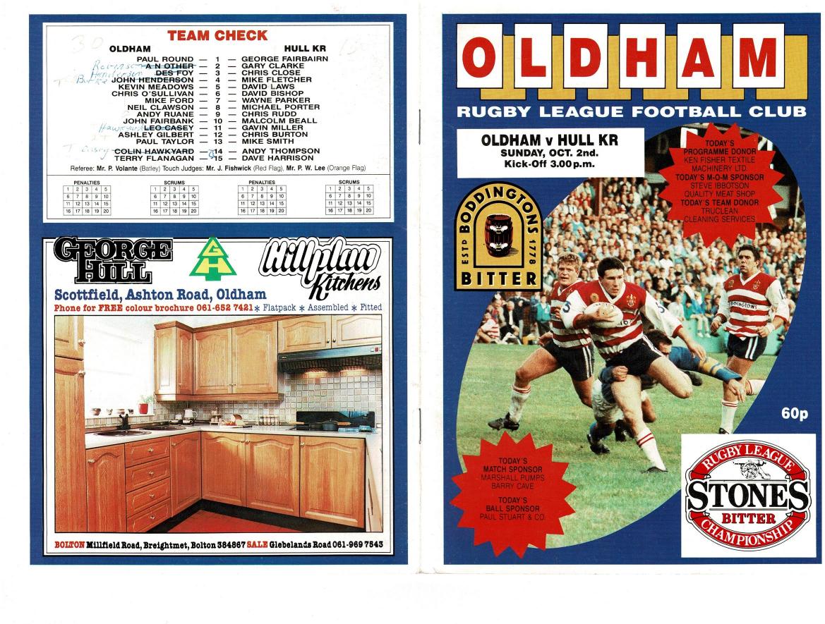 Programme cover: Oldham v Hull Kingston Rovers, 2 October 1988