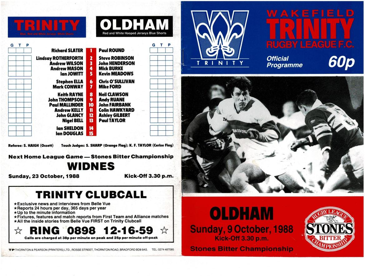 Programme cover: Oldham v Wakefield Trinity, 9 October 1988
