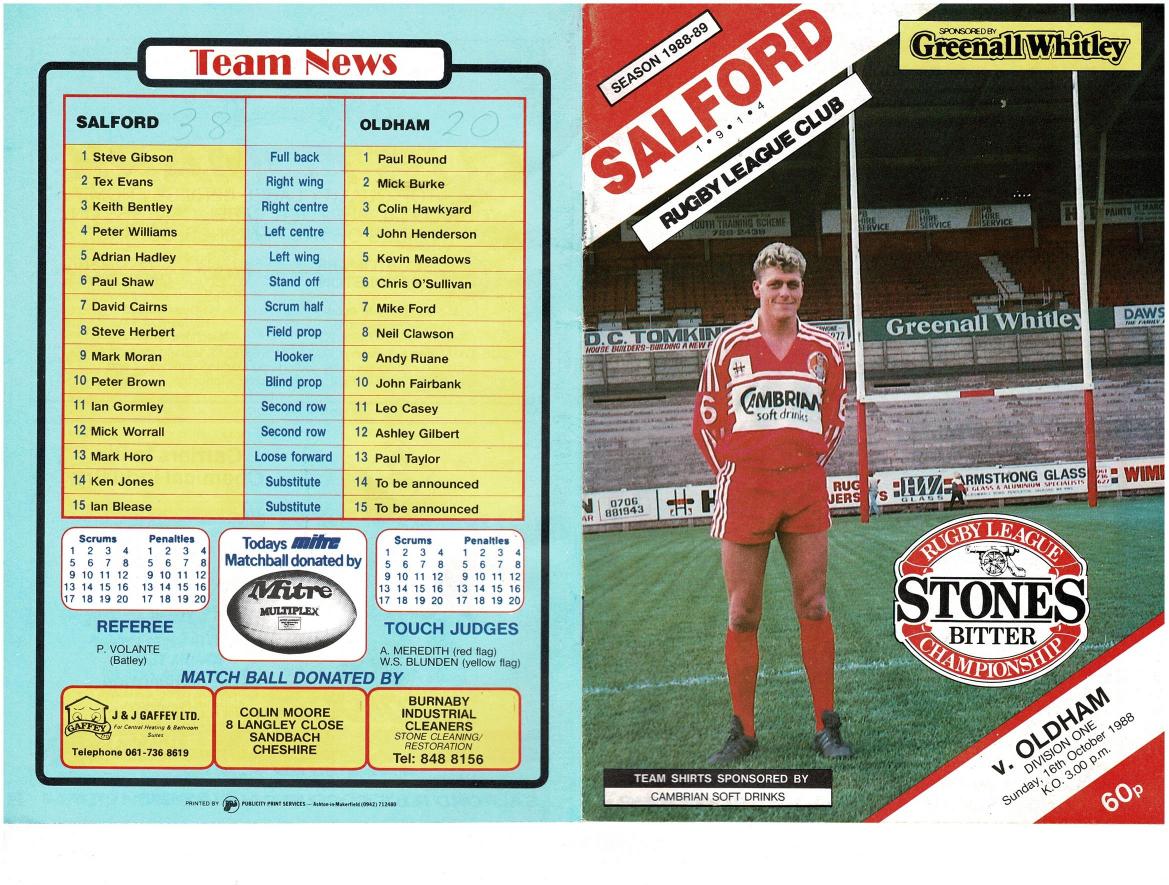 Programme cover: Oldham v Salford, 16 October 1988