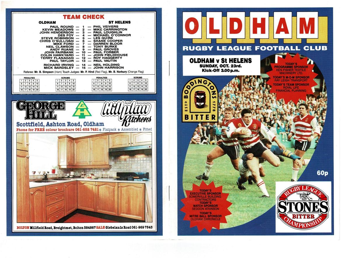Programme cover: Oldham v St Helens, 23 October 1988