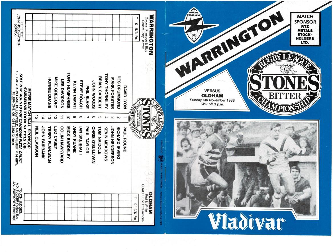 Programme cover: Oldham v Warrington, 6 November 1988