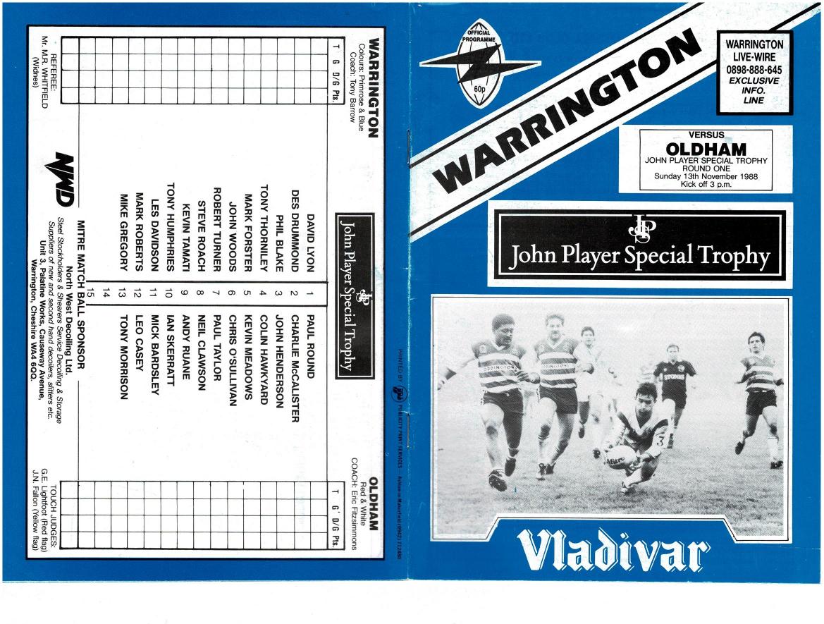 Programme cover: Oldham v Warrington, 13 November 1988