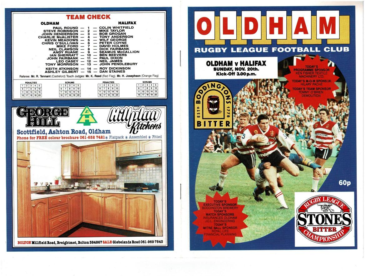 Programme cover: Oldham v Halifax, 20 November 1988