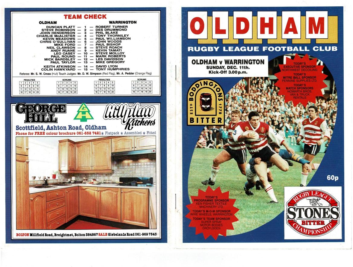 Programme cover: Oldham v Warrington, 11 December 1988