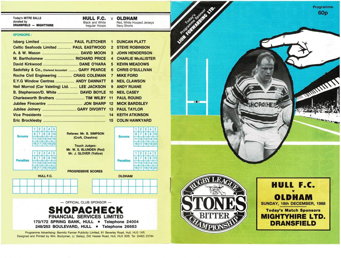 Programme cover: Oldham v Hull FC, 18 December 1988