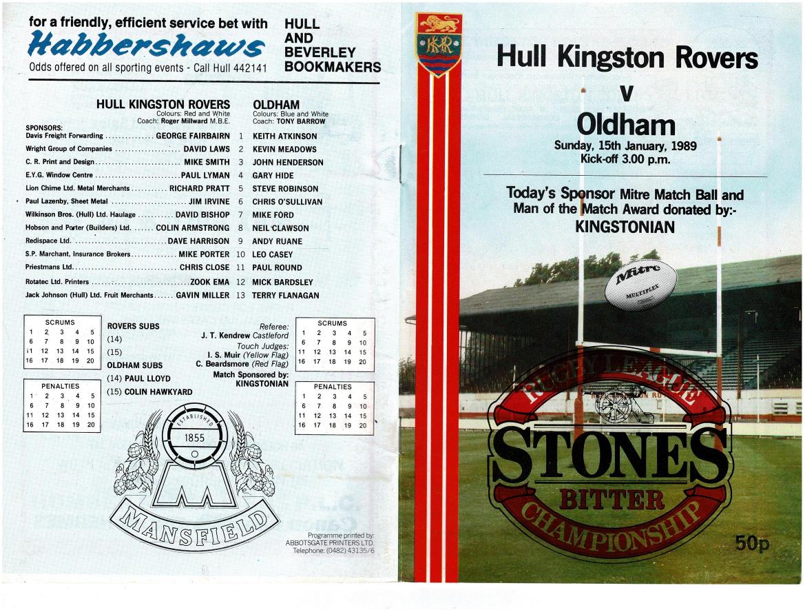 Programme cover: Oldham v Hull Kingston Rovers, 15 January 1989
