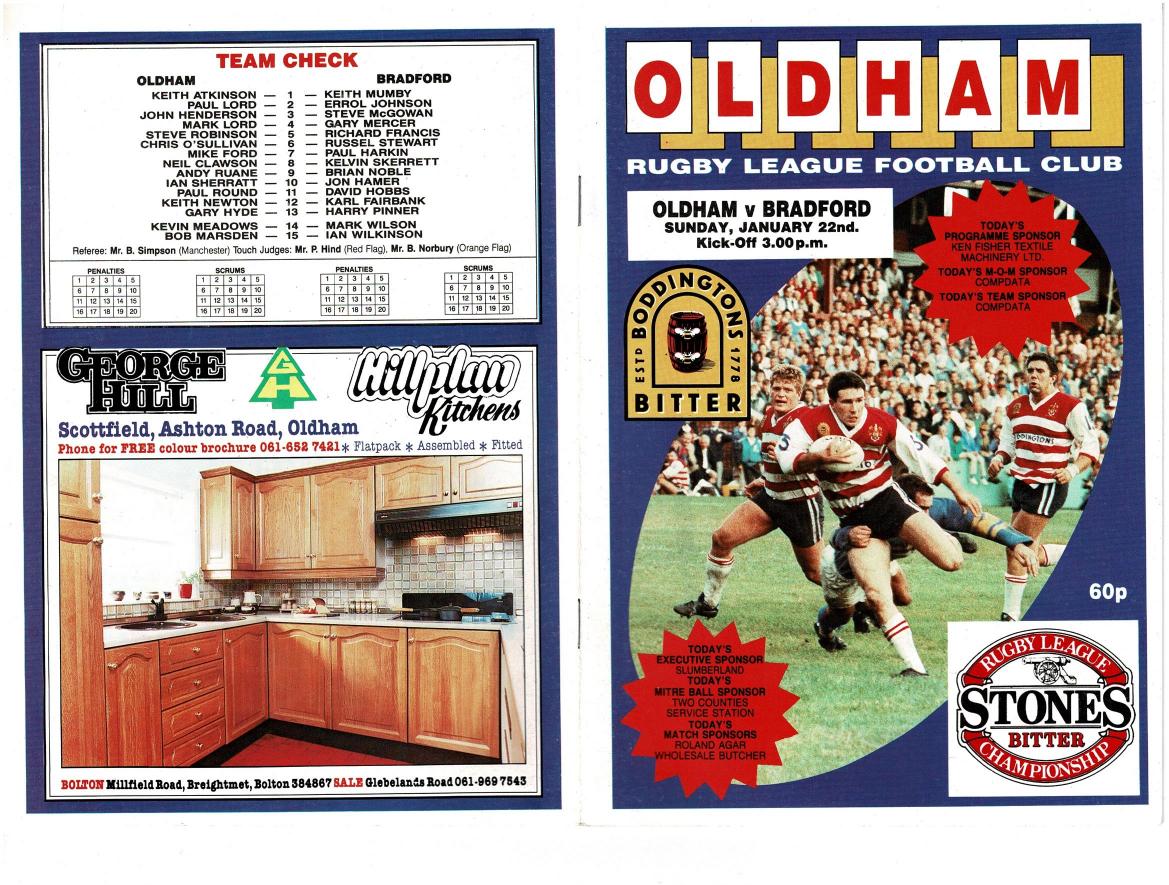 Programme cover: Oldham v Bradford Northern, 22 January 1989