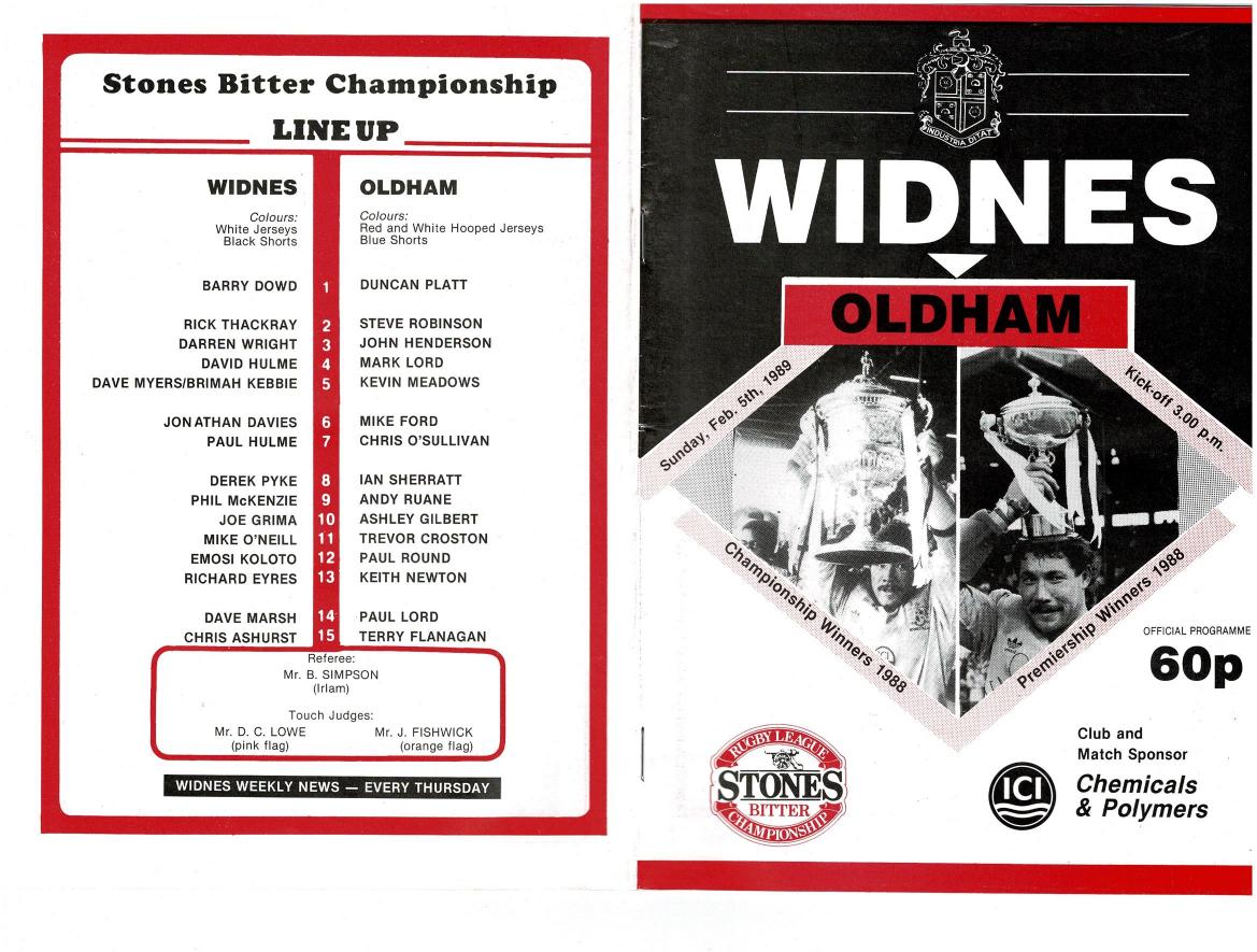 Programme cover: Oldham v Widnes, 5 February 1989