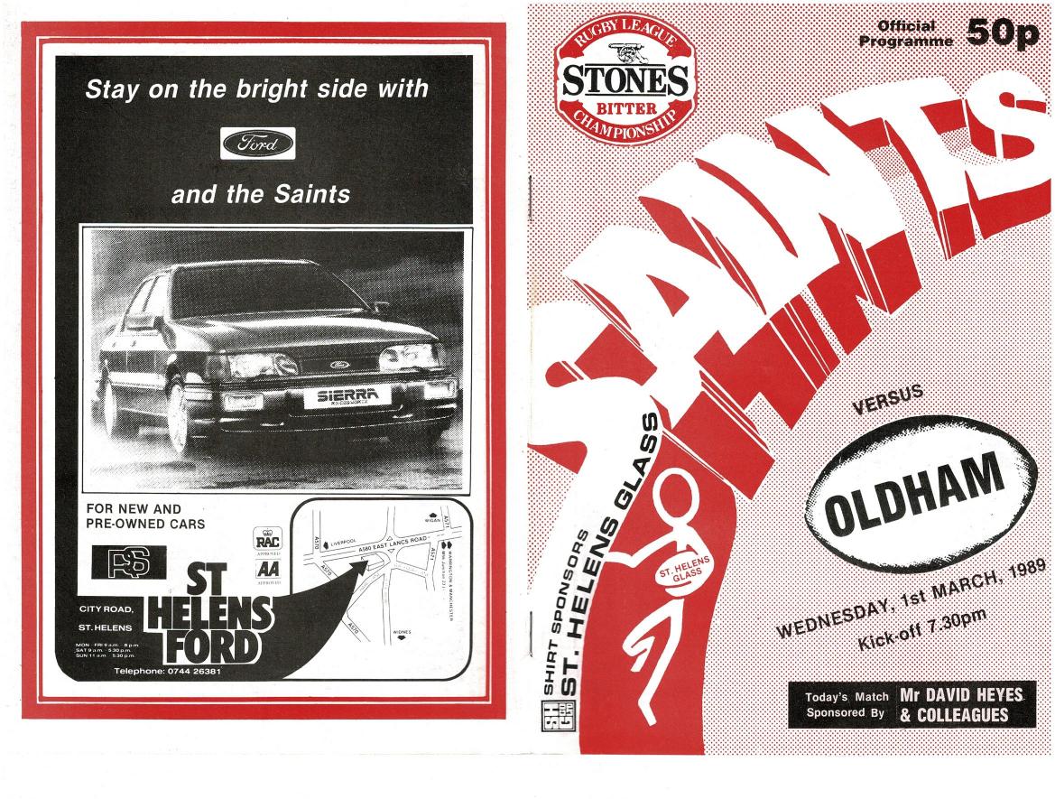 Programme cover: Oldham v St Helens, 1 March 1989