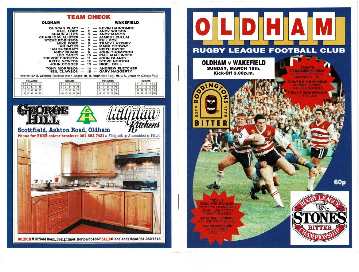 Programme cover: Oldham v Wakefield Trinity, 19 March 1989