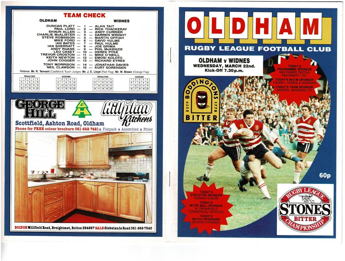 Programme cover: Oldham v Widnes, 22 March 1989