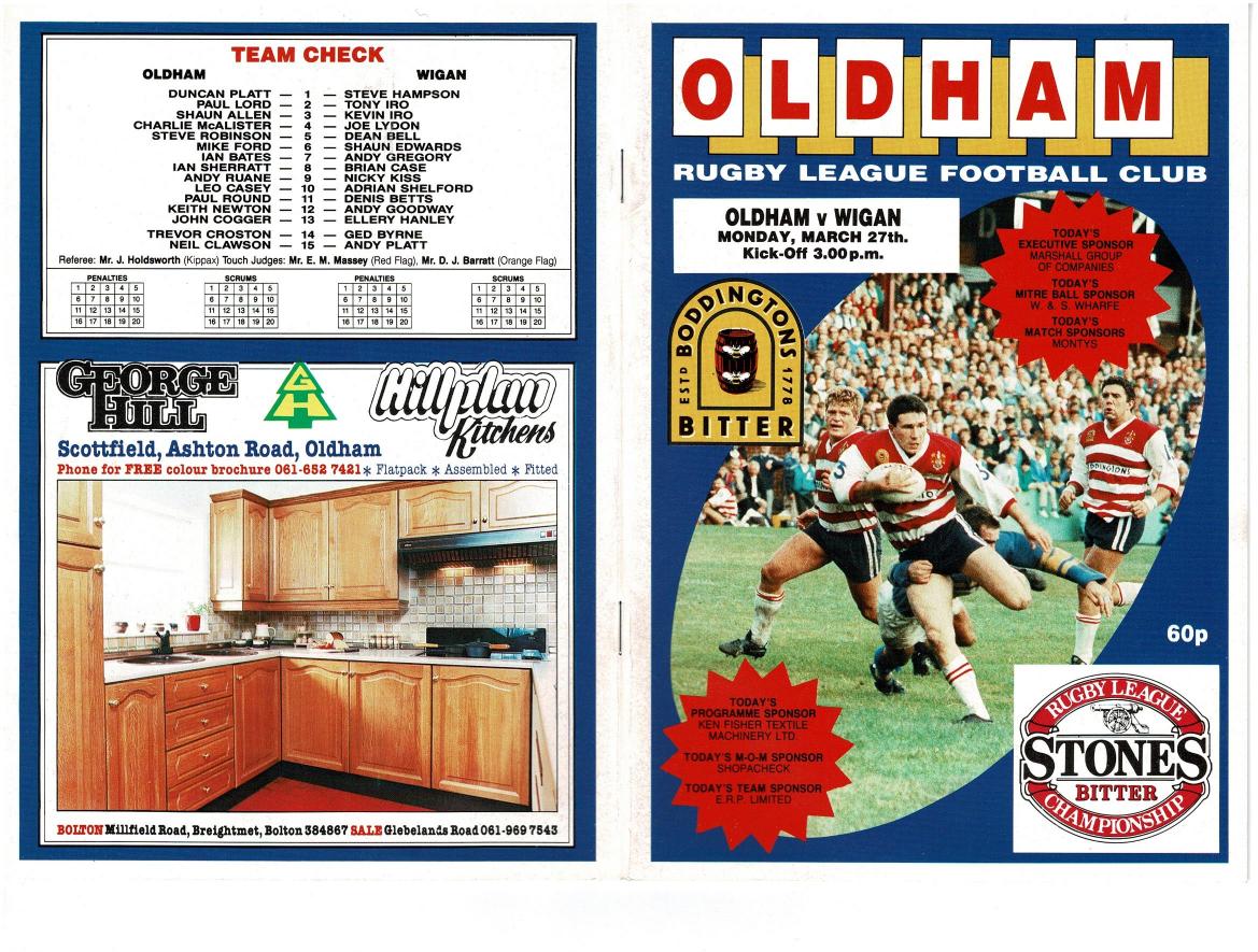 Programme cover: Oldham v Wigan, 27 March 1989