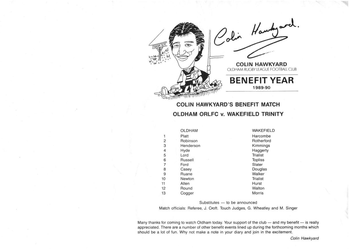 Programme cover: Oldham v Wakefield Trinity, 20 August 1989