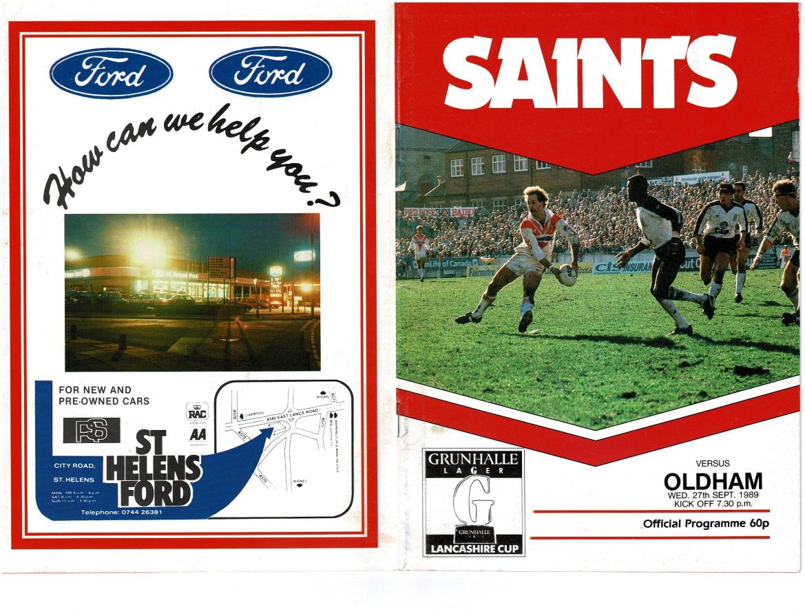 Programme cover: Oldham v St Helens, 27 September 1989