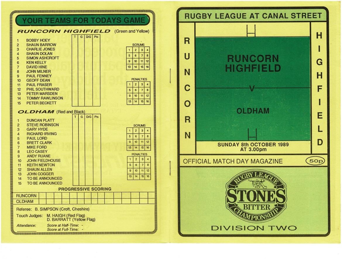 Programme cover: Oldham v Runcorn Highfield, 8 October 1989