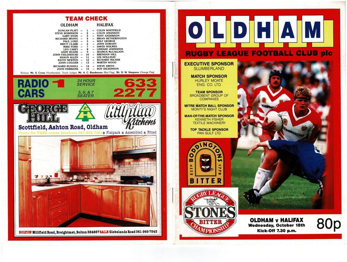 Programme cover: Oldham v Halifax, 18 October 1989