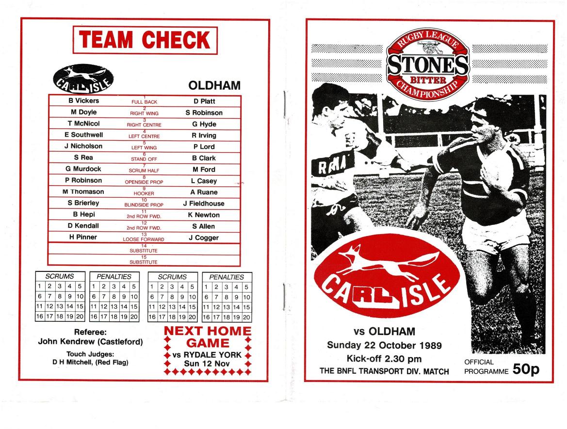 Programme cover: Oldham v Carlisle, 22 October 1989