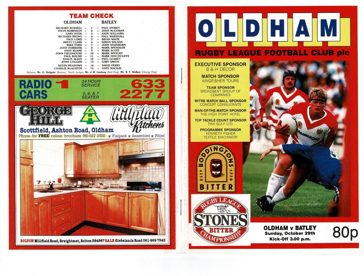 Programme cover: Oldham v Batley, 29 October 1989