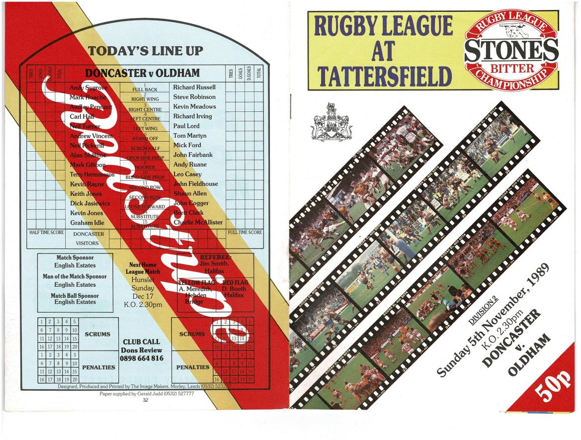 Programme cover: Oldham v Doncaster, 5 November 1989
