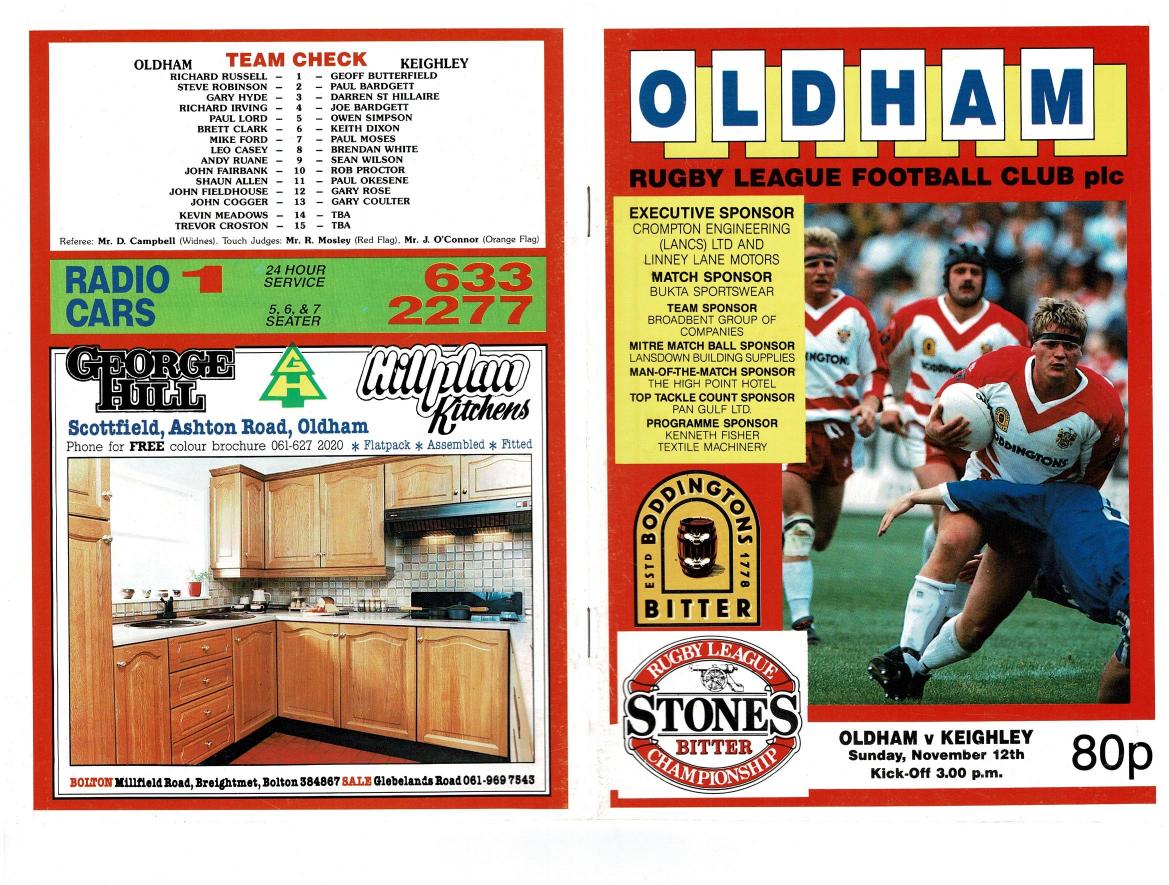 Programme cover: Oldham v Keighley, 12 November 1989