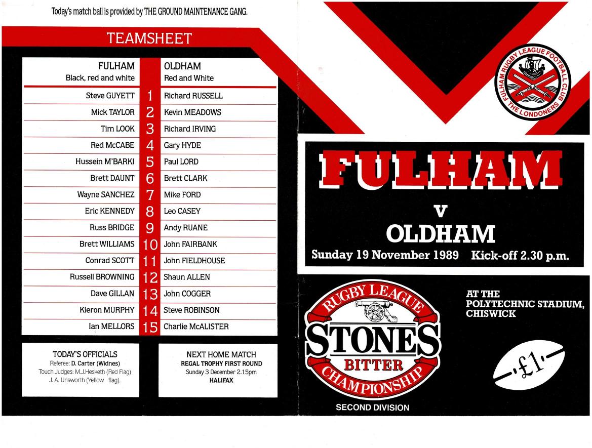Programme cover: Oldham v Fulham, 19 November 1989