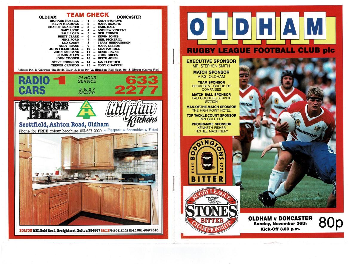 Programme cover: Oldham v Doncaster, 26 November 1989