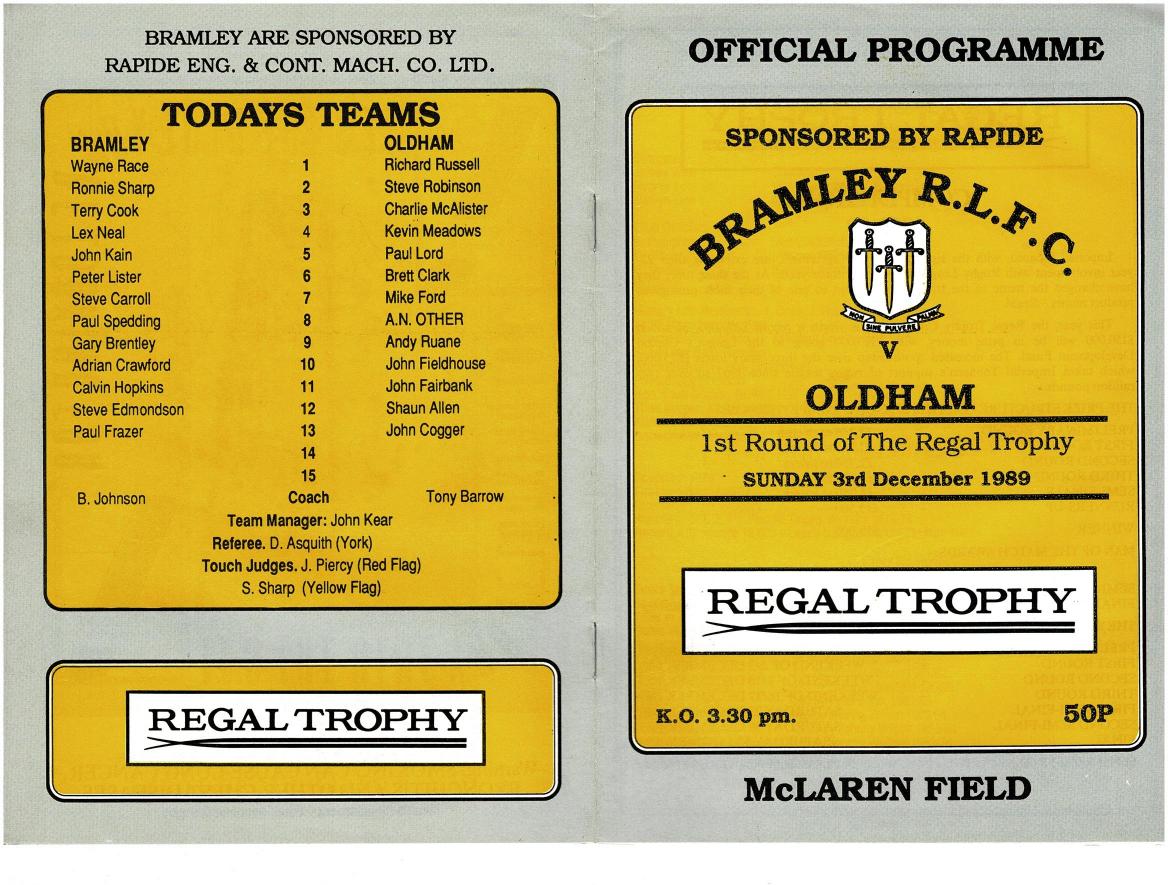 Programme cover: Oldham v Bramley, 3 December 1989