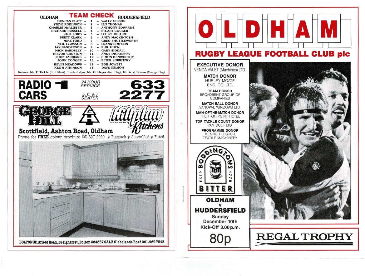 Programme cover: Oldham v Huddersfield, 10 December 1989