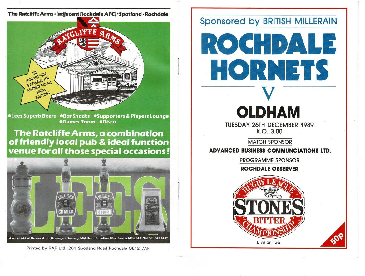 Programme cover: Oldham v Rochdale Hornets, 26 December 1989