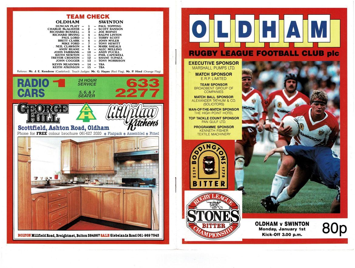 Programme cover: Oldham v Swinton, 1 January 1990