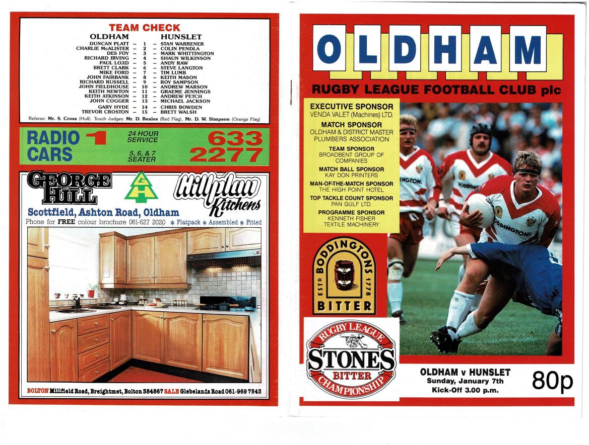 Programme cover: Oldham v Hunslet, 7 January 1990