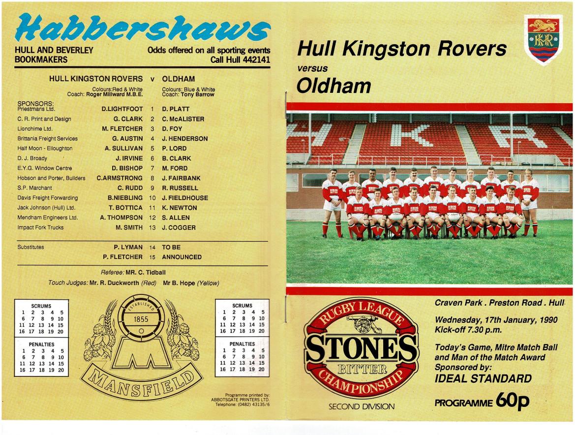 Programme cover: Oldham v Hull Kingston Rovers, 17 January 1990