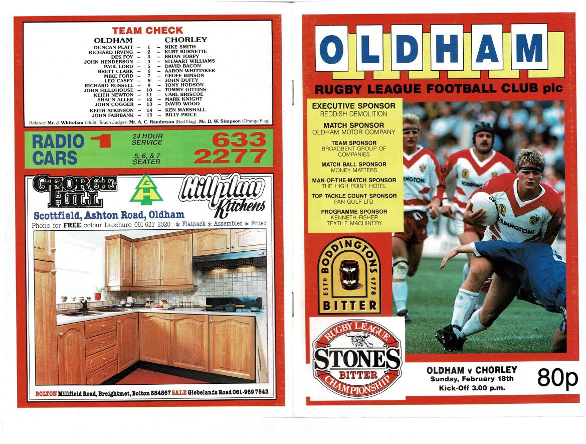 Programme cover: Oldham v Chorley Borough, 18 February 1990