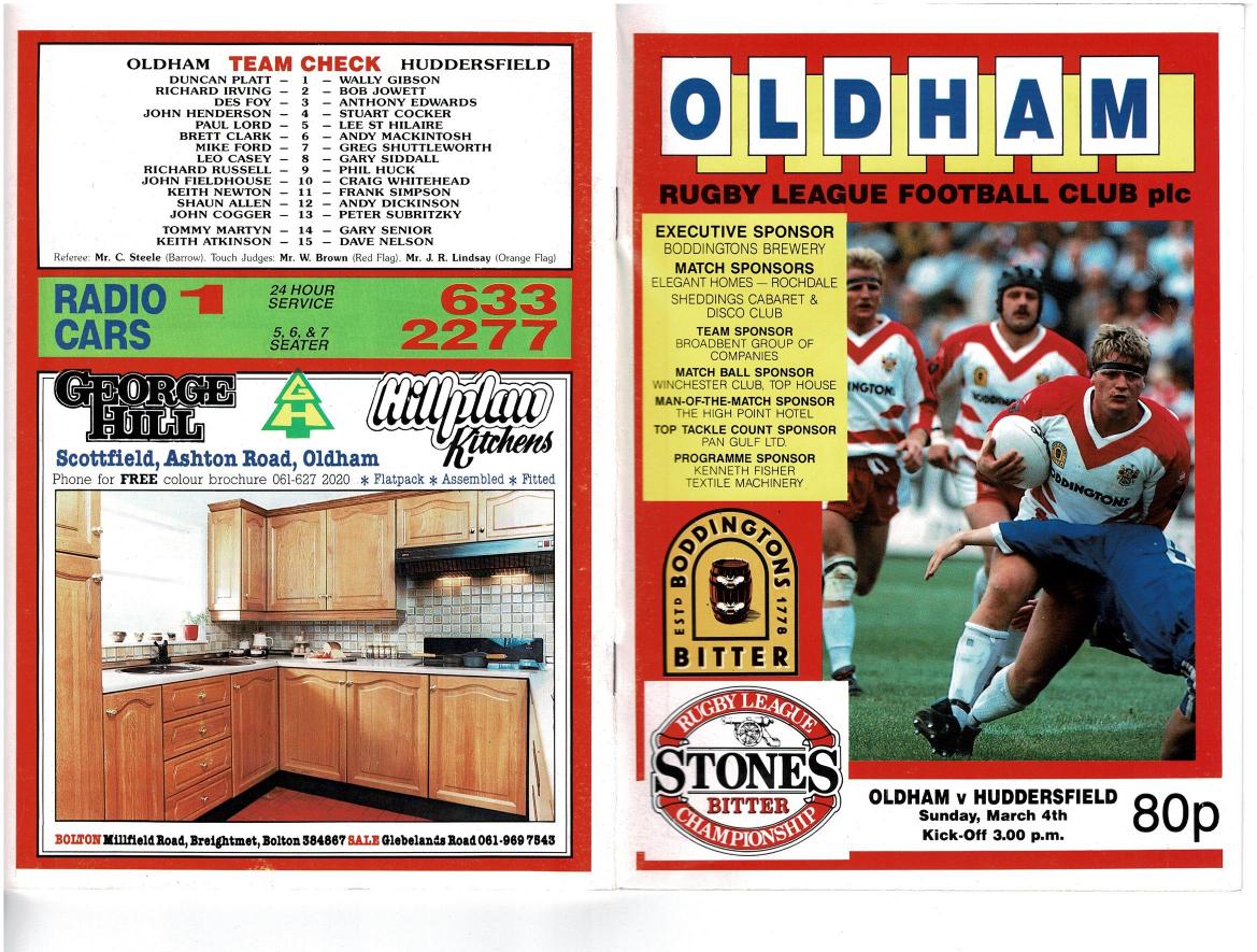 Programme cover: Oldham v Huddersfield, 4 March 1990