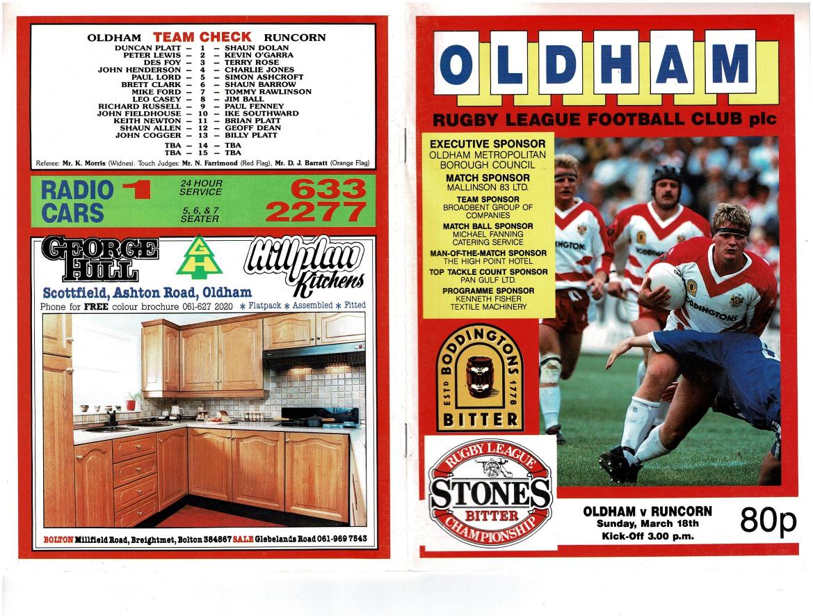 Programme cover: Oldham v Runcorn Highfield, 18 March 1990