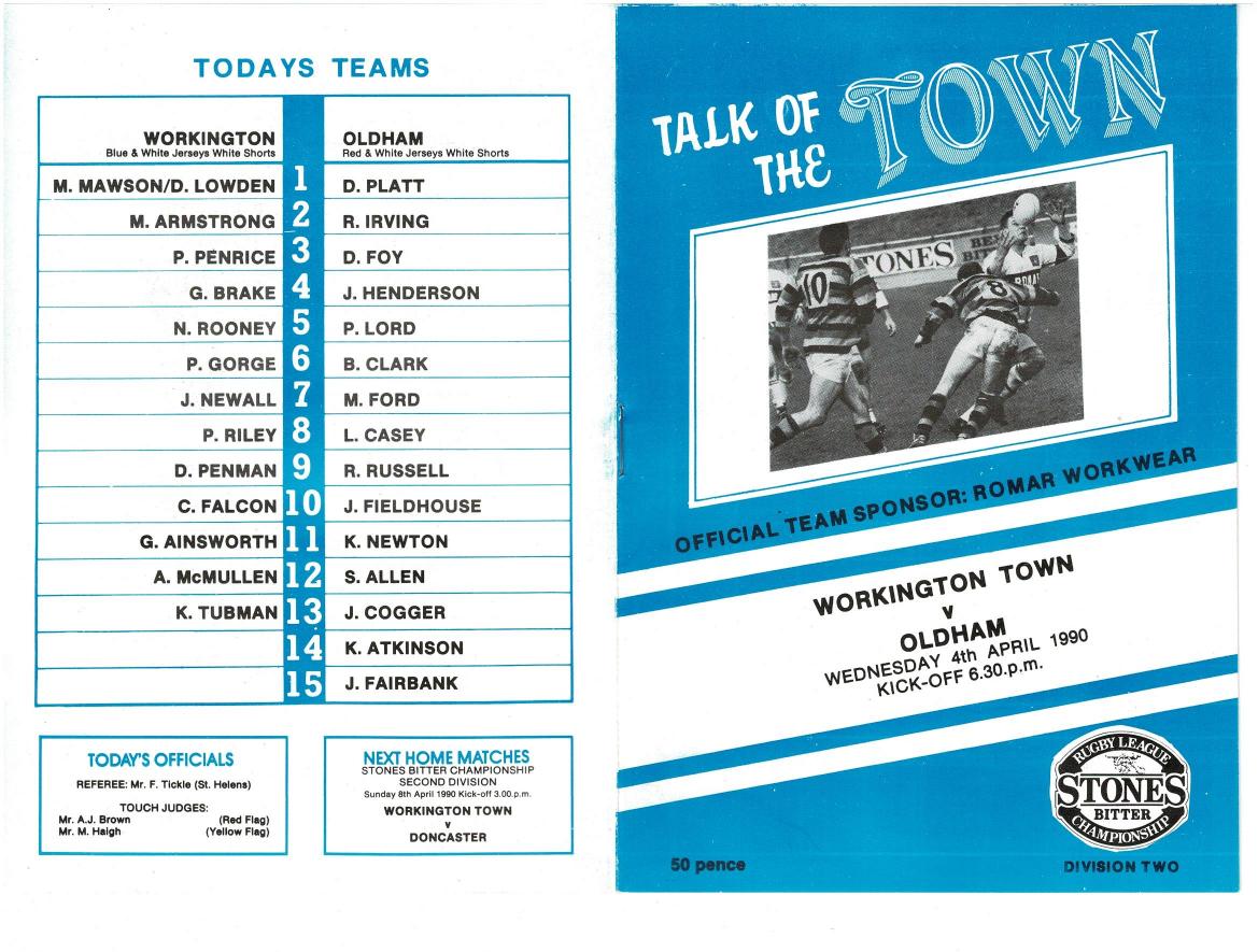 Programme cover: Oldham v Workington Town, 4 April 1990