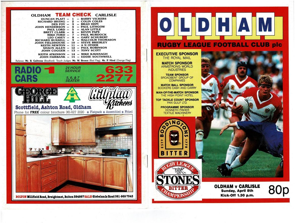 Programme cover: Oldham v Carlisle, 8 April 1990