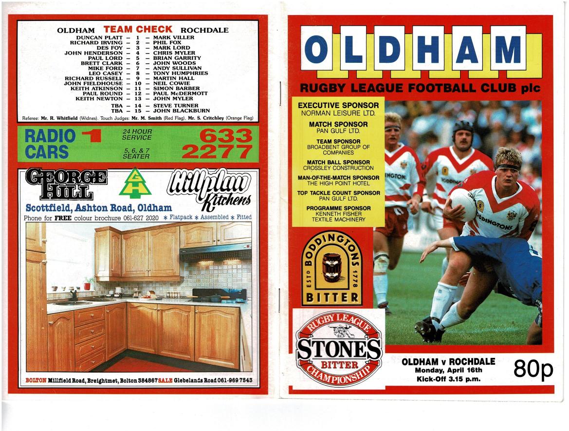 Programme cover: Oldham v Rochdale Hornets, 16 April 1990