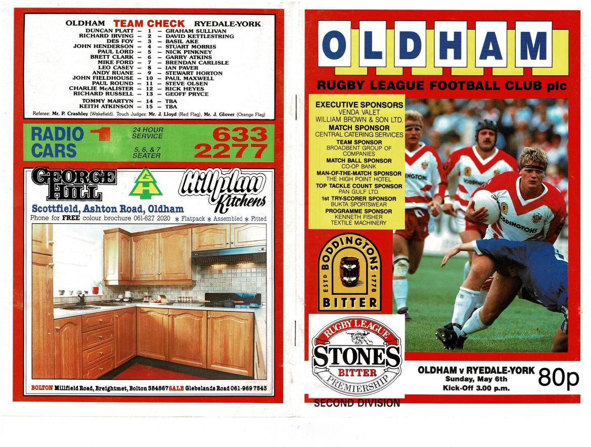 Programme cover: Oldham v Ryedale-York, 6 May 1990