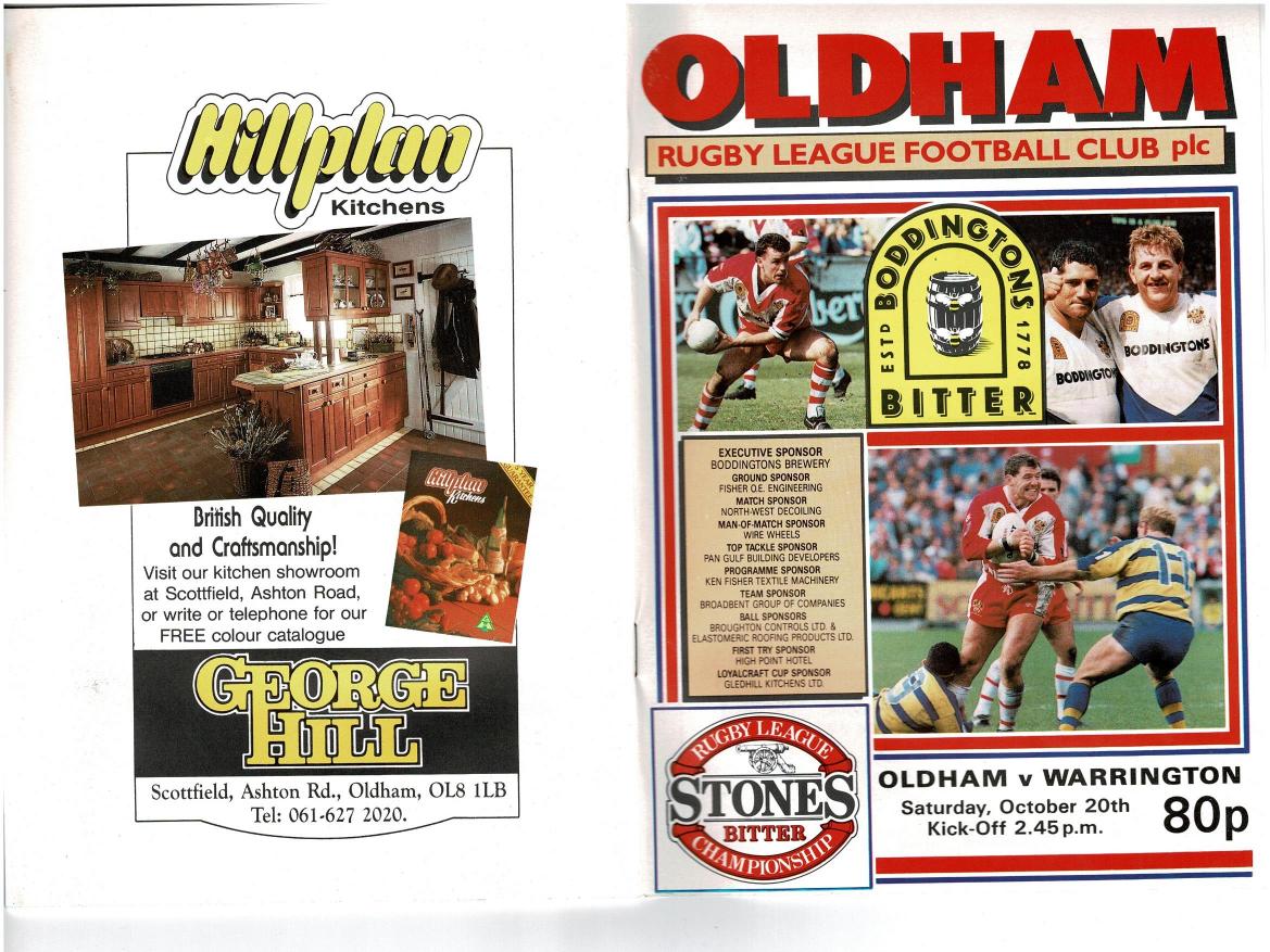 Programme cover: Oldham v Warrington, 20 October 1990