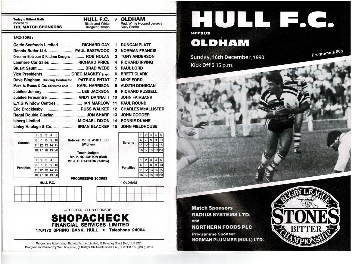 Programme cover: Oldham v Hull FC, 16 December 1990