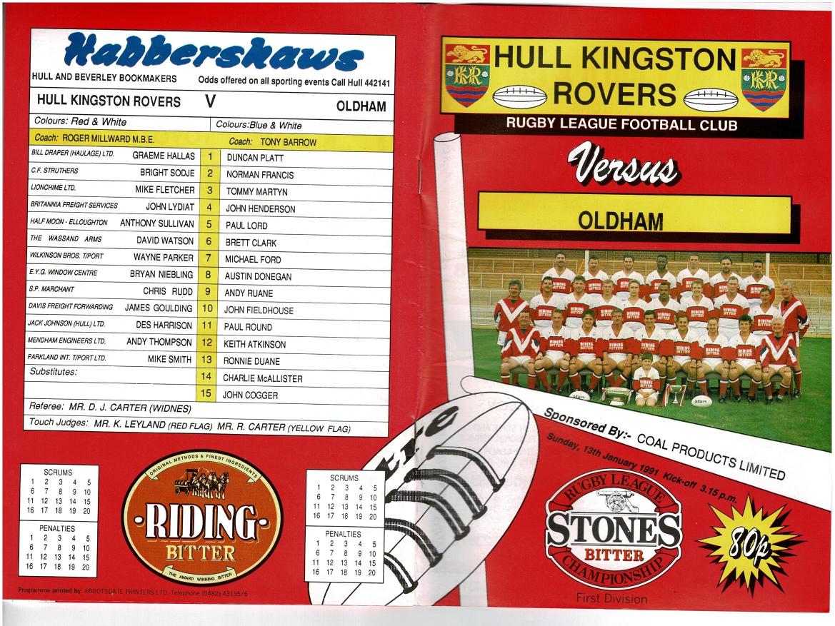 Programme cover: Oldham v Hull Kingston Rovers, 13 January 1991