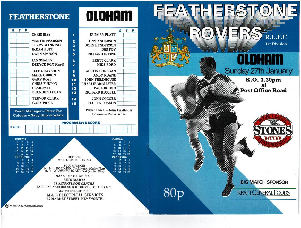 Programme cover: Oldham v Featherstone Rovers, 27 January 1991