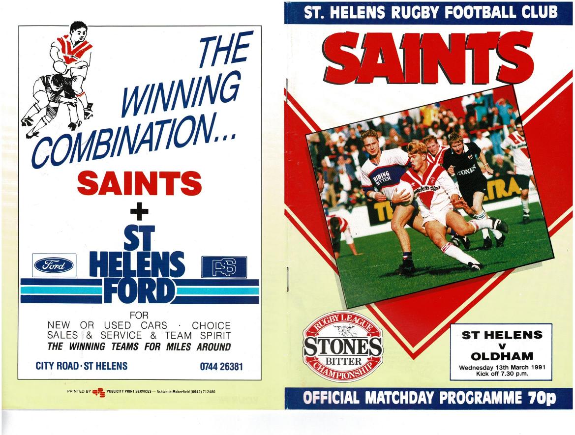 Programme cover: Oldham v St Helens, 13 March 1991