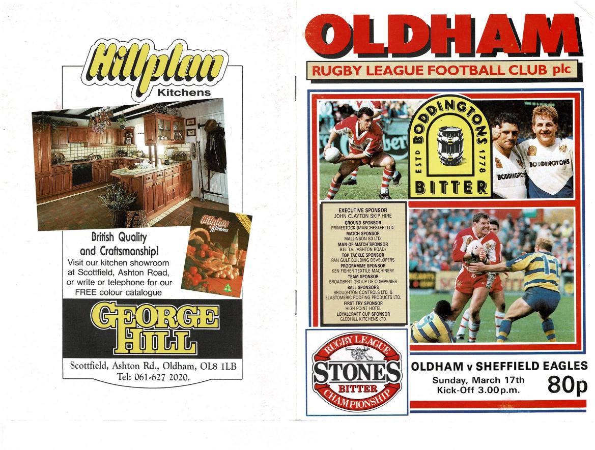 Programme cover: Oldham v Sheffield Eagles, 17 March 1991