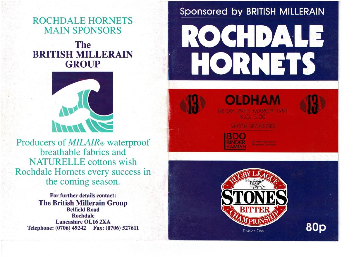 Programme cover: Oldham v Rochdale Hornets, 29 March 1991
