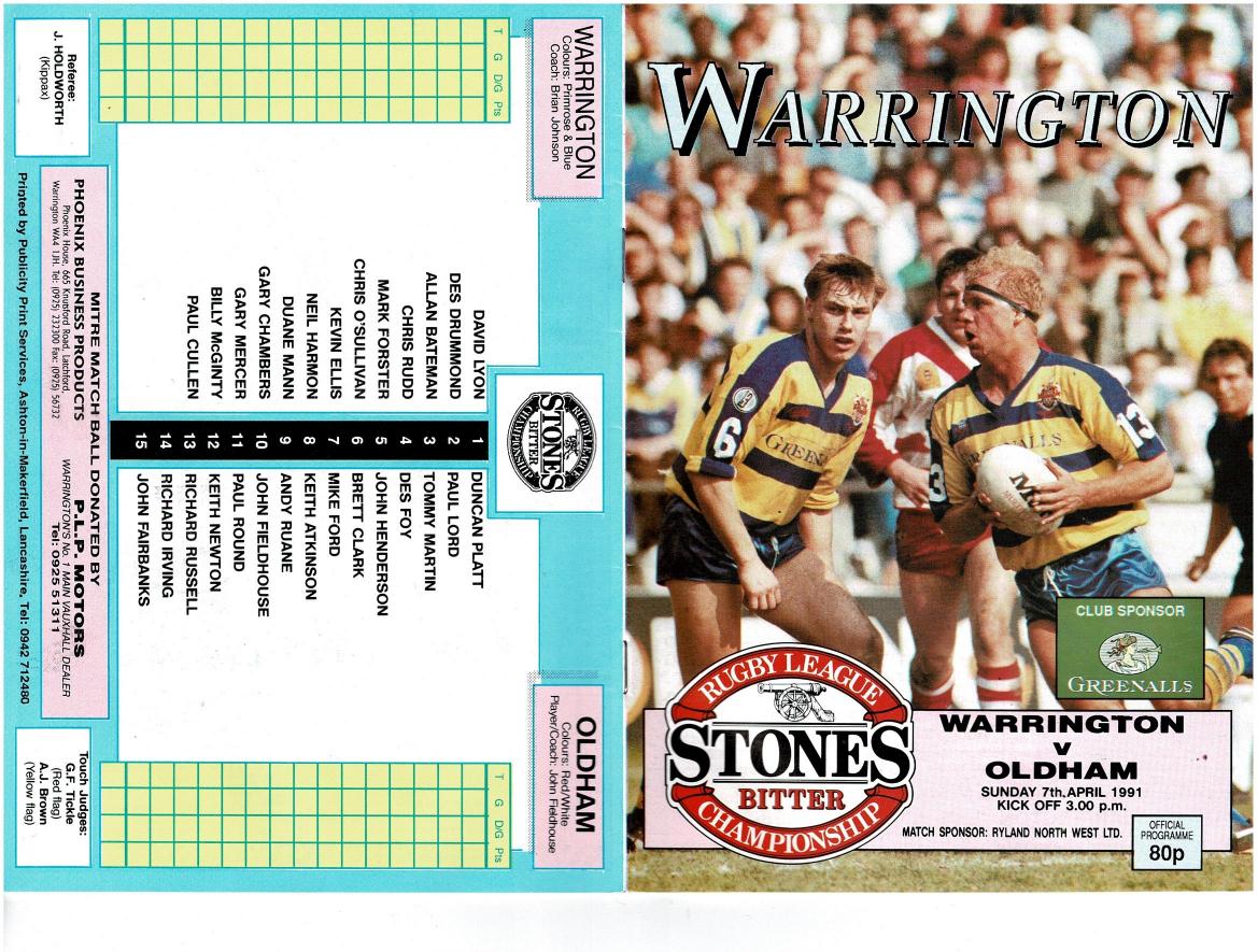 Programme cover: Oldham v Warrington, 7 April 1991