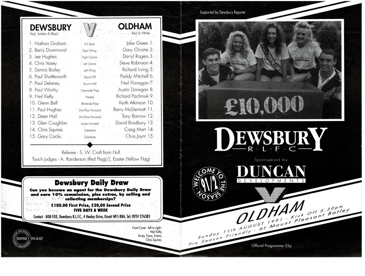Programme cover: Oldham v Dewsbury, 11 August 1991