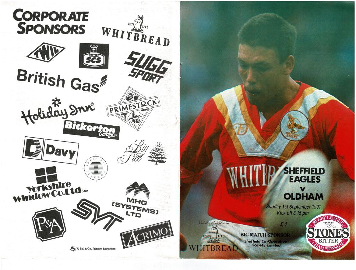 Programme cover: Oldham v Sheffield Eagles, 1 September 1991